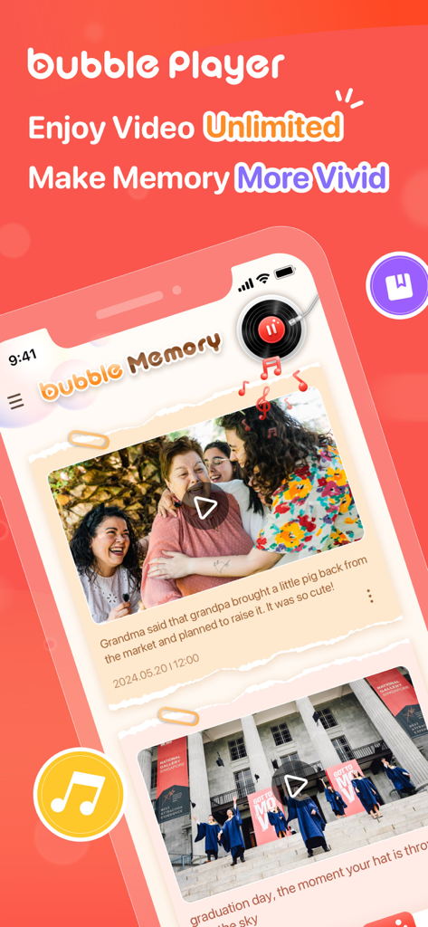 Interface of the Bubble Player app showing the multimedia diary feature with video memories and music playback