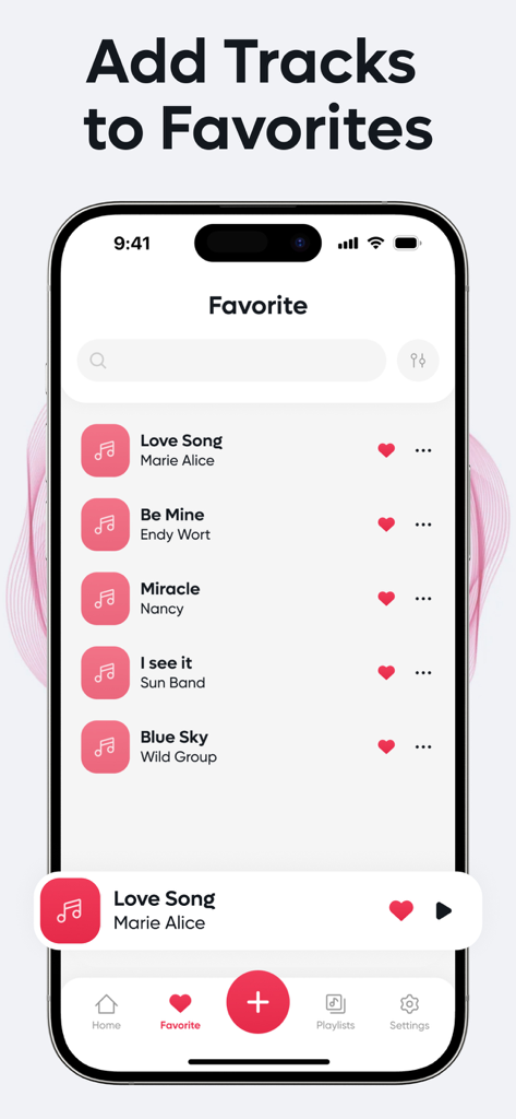 Oberfläche der MX Music App, die eine Liste von Lieblingstiteln mit Herzsymbolen zeigt