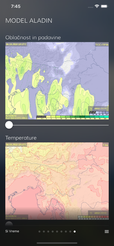 SiVreme app screenshot showing technical Aladin weather model maps for precipitation and temperature forecasts in Slovenia