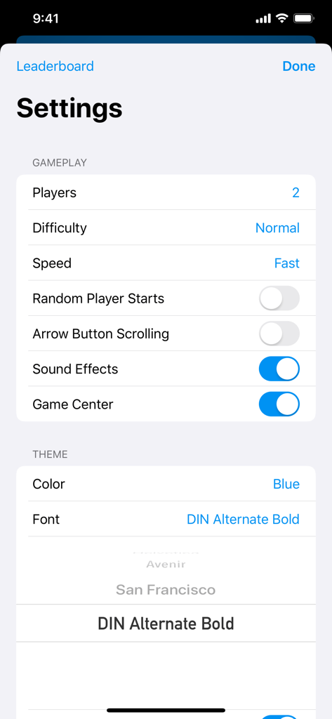 Menu de configurações do aplicativo Kings Corner mostrando opções de velocidade de dificuldade de jogabilidade e personalização de tema
