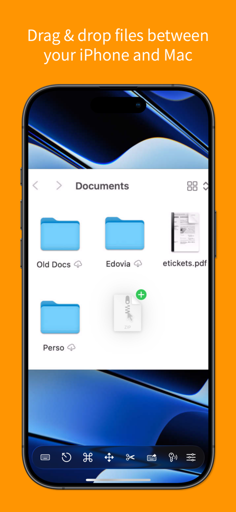 Screens for Organizations - Screenshot of Screens for Organizations app showing drag and drop file transfer between iPhone and Mac
