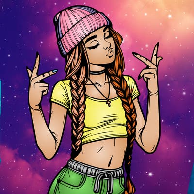 realistic teenage girl with braids and a beanie and crop top doing 🫶🏼