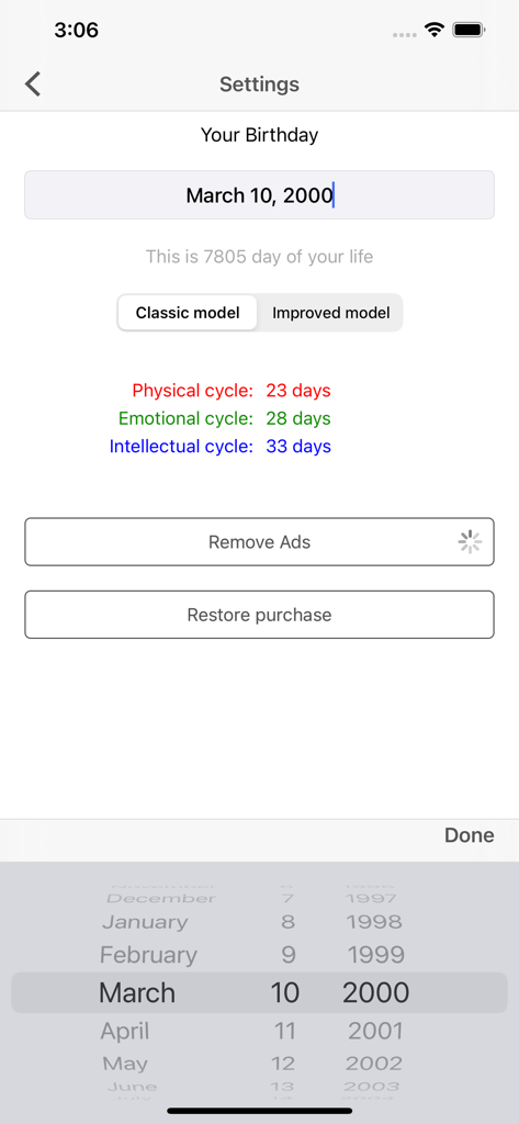 Settings screen of the biorhythm cycles app featuring a birthday date picker and cycle model selection
