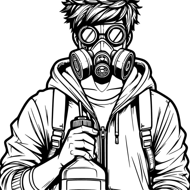 a man with messy hair and goggles on his eyes and he’s wearing a hoodie and jeans and he’s wearing a gas mask and holding a toxic liquid