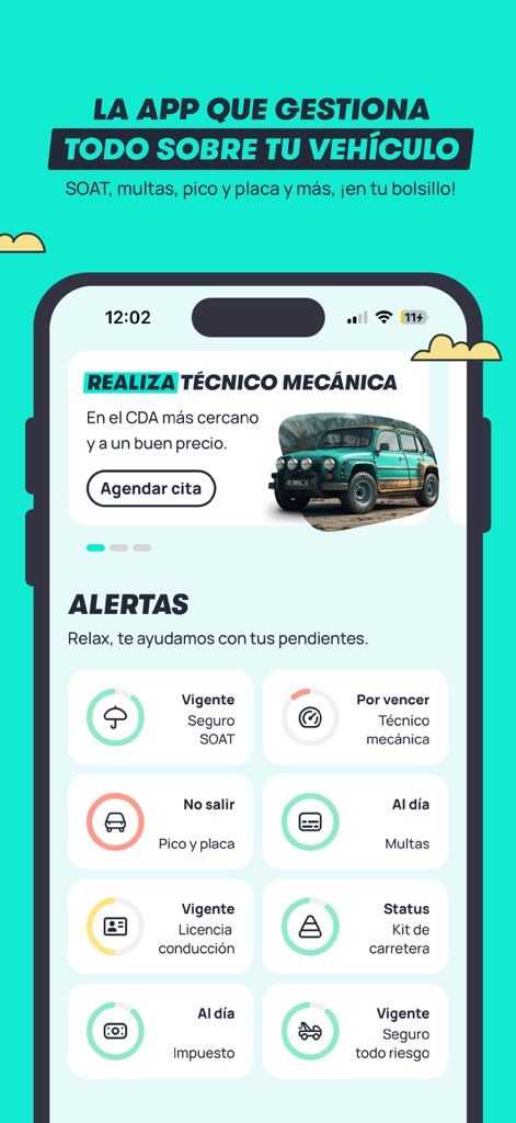 R5 mobile app dashboard showing vehicle status alerts for insurance, fines, and technical inspections.
