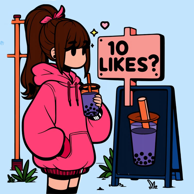 girl with oversized hoodie drinking boba and she has a high ponytail with a sign that says 10likes?