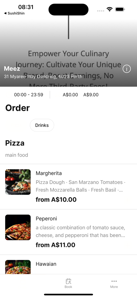 Meez Application - Meez app menu interface showing pizza options and prices.
