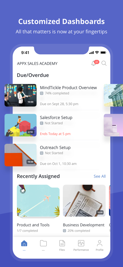 Mindtickle - Mindtickle mobile app dashboard showing assigned sales training tasks and progress