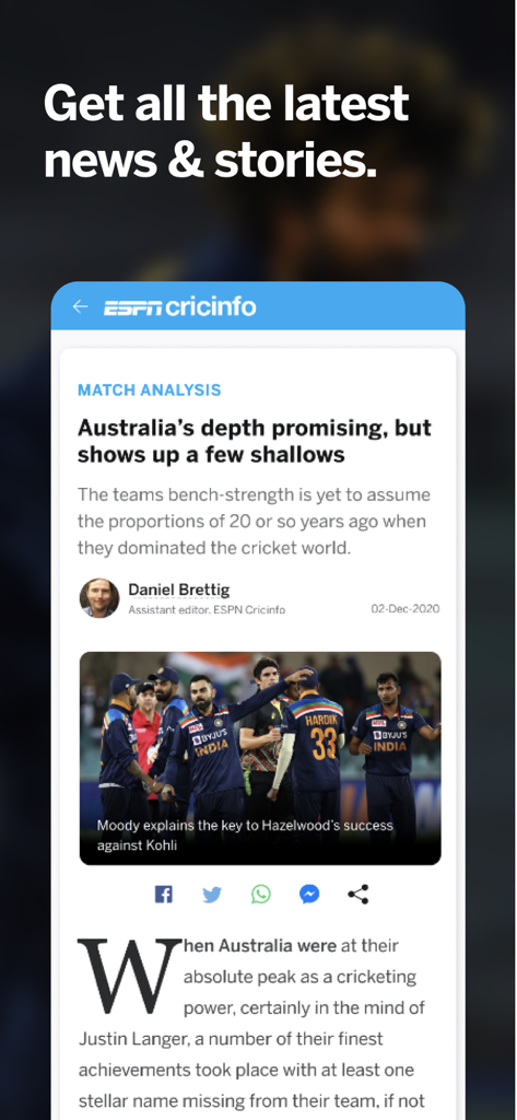 ESPNcricinfo - Cricket Scores - Écran de l'application ESPNcricinfo montrant les actualités de cricket et l'analyse des matchs.