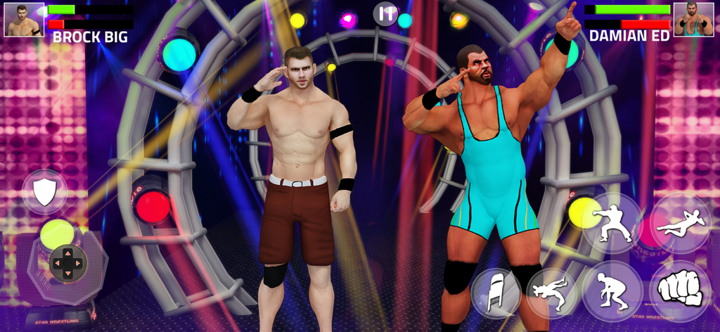Real Wrestling : Fighting Game - Gameplay screen of Real Wrestling Fighting Game showing two wrestlers entering the arena with colorful lights