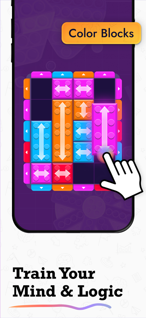 A colorful logic puzzle game called Color Blocks within the IQ Masters app under the slogan Train Your Mind and Logic.