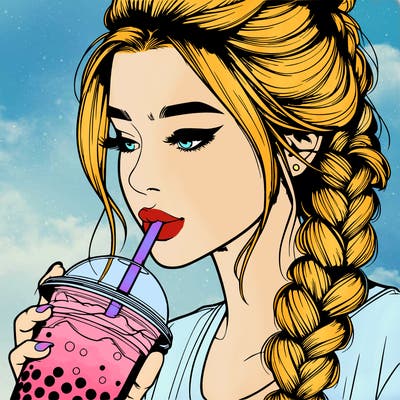 realistic girl drinking boba tea with braided hair