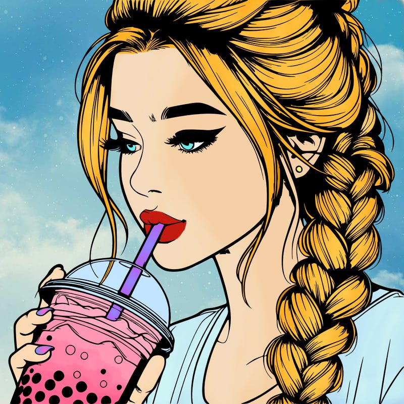 realistic girl drinking boba tea with braided hair