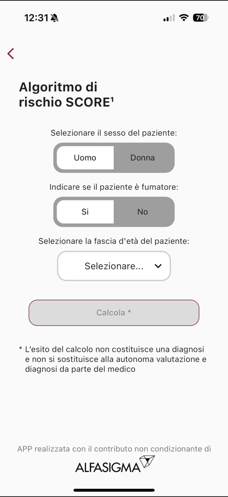 DislipApp - DislipApp-Oberfläche zur Berechnung des Herz-Kreislauf-Risiko-SCORE mit Optionen für Geschlecht und Raucherstatus