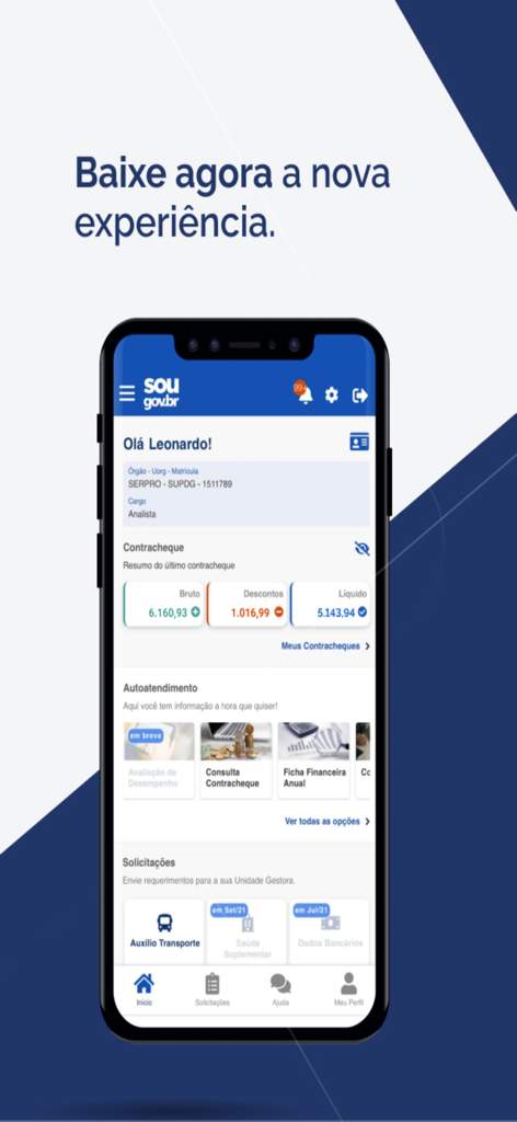 Sou Gov.br app home screen displaying salary pay stub summary and employee service options