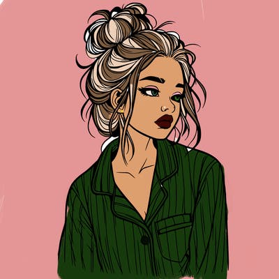 realistic woman with pajamas on and a messy bun