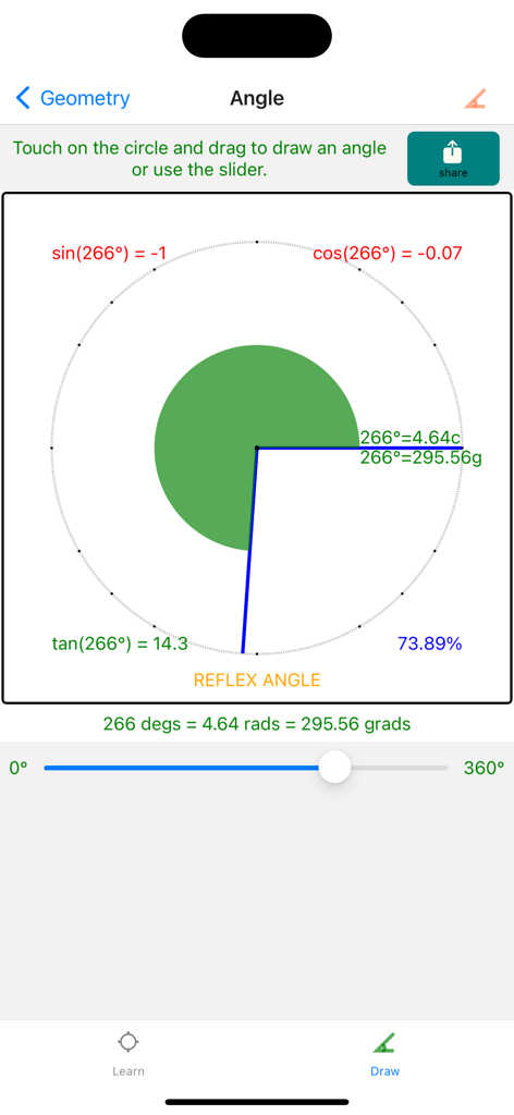 Geometry-Solver Pro - An interactive geometry app screen showing a 266 degree reflex angle with trigonometric values and radian conversions.