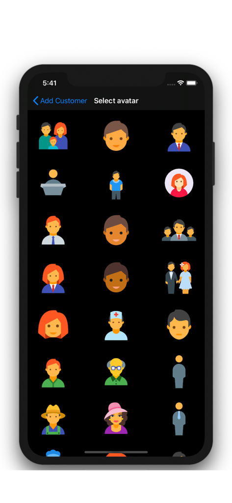 Customer Management - Contacts - Écran de sélection montrant une grille d'icônes de personnages divers pour représenter différents contacts professionnels