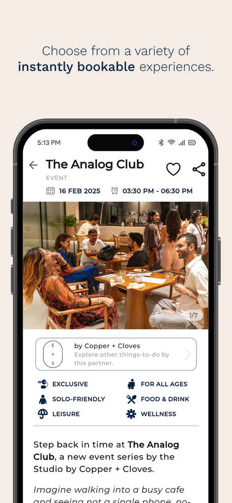 Urbanaut: Local Experiences - Smartphone screen of Urbanaut app showing a social event called The Analog Club with date and booking icons