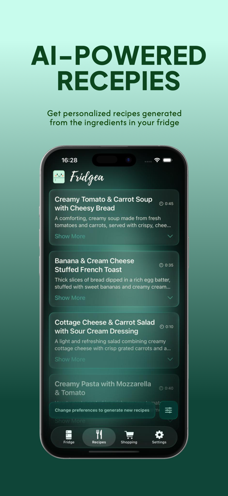 Fridgea - kitchen stock helper - A smartphone showing the Fridgea app interface with a list of AI-powered recipe suggestions like tomato soup and French toast based on ingredients in the fridge.