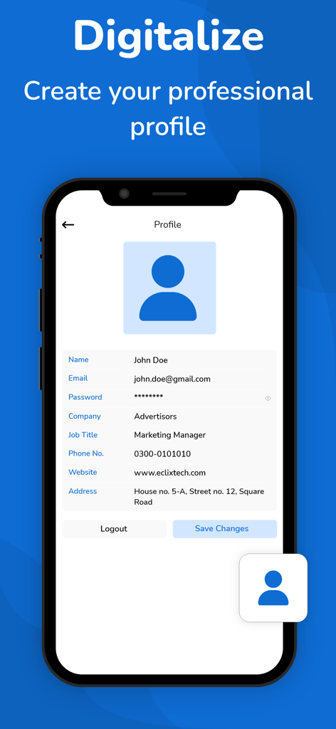 Smartphone screen showing the professional profile setup in the Business Card Scanner app