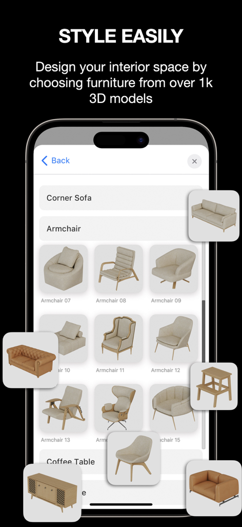 ARki: Building + Room Planner - Interfaz de la aplicación móvil ARki que muestra un catálogo de modelos de muebles 3D que incluyen sillones y sofás para diseño de interiores