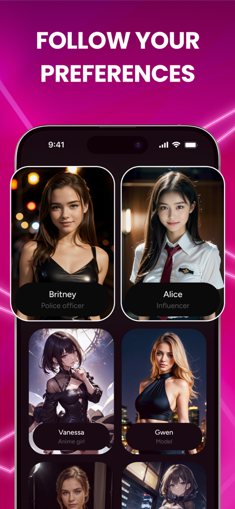 App interface displaying diverse AI girlfriend characters like a model and an anime girl under the title Follow Your Preferences.