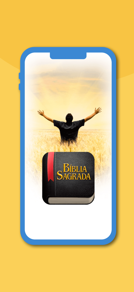 Smartphone screen showing the Biblia Sagrada Mobidic app icon and a person with arms outstretched in a wheat field
