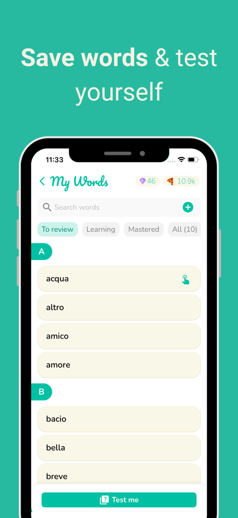 A mobile app screen showing a list of Italian vocabulary words in the My Words section with a Test Me button.