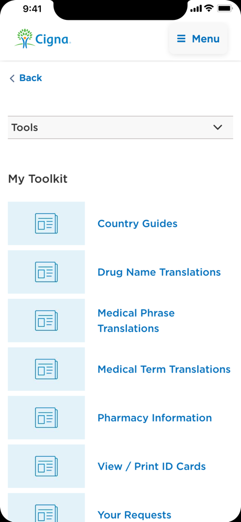 Cigna Envoy app interface displaying the My Toolkit menu with options for country guides, medical translations, and ID cards.