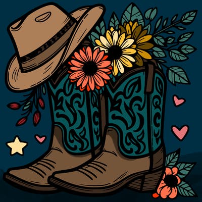cowboy boots with cowboy hat and flowers