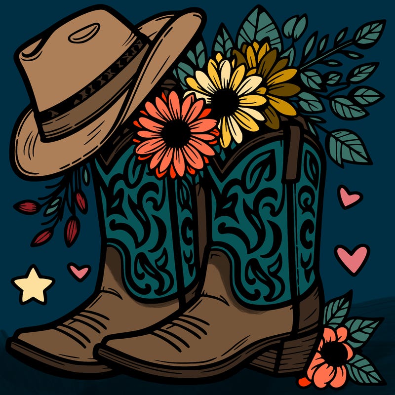 cowboy boots with cowboy hat and flowers