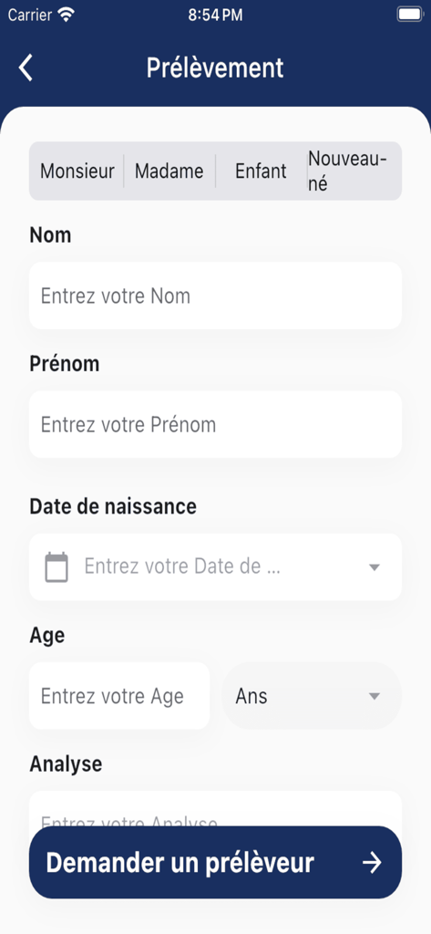 Doctor MAOUT - Formulaire de demande de prélèvement médical pour le laboratoire Doctor MAOUT à Sétif