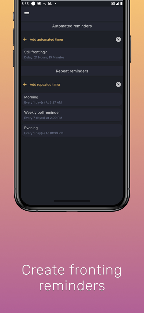 Smartphone-Bildschirm, der die Simply Plural App-Oberfläche zum Festlegen automatisierter und wiederholter Fronting-Erinnerungen zeigt
