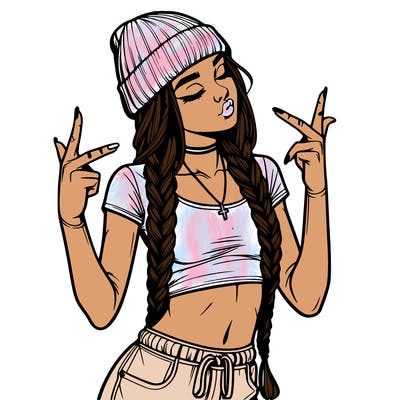 realistic teenage girl with braids and a beanie and crop top doing 🫶🏼