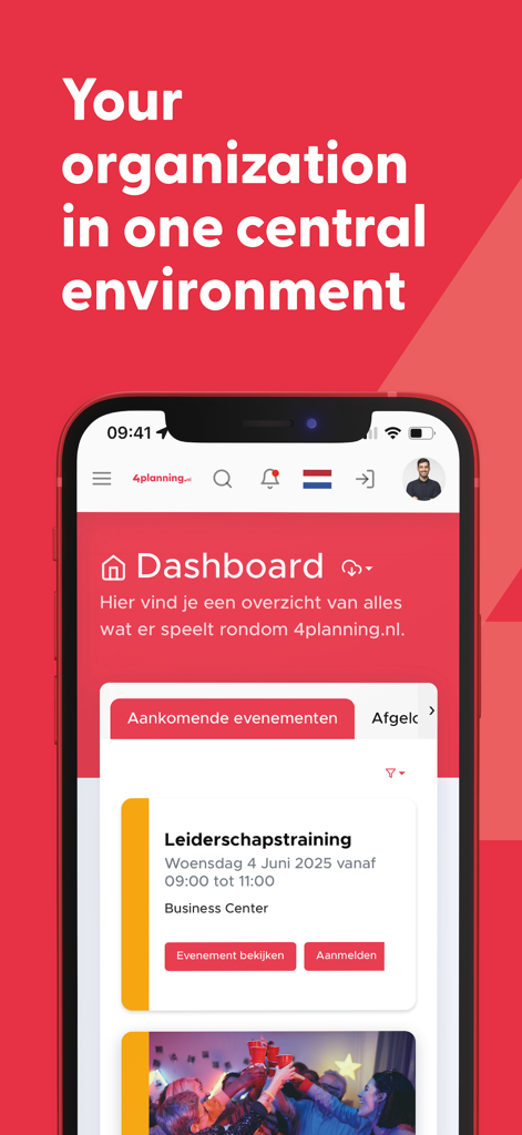 4planning mobile app dashboard displaying upcoming organization events and leadership training