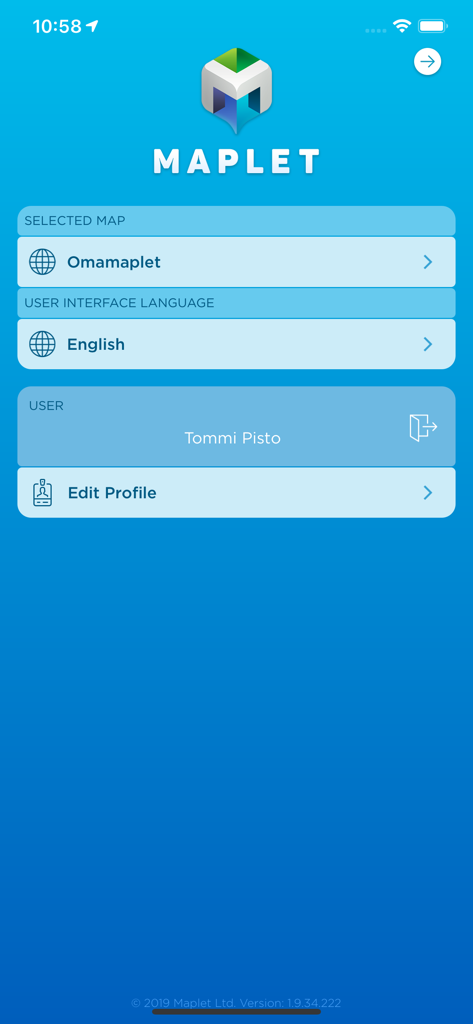 Maplet - Maplet app menu screen displaying map selection options, language settings, and user profile information.
