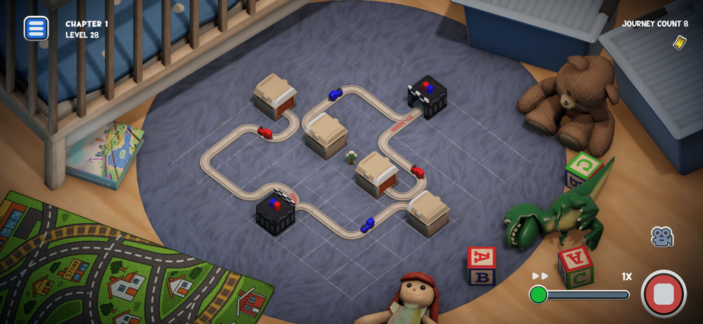 Teeny Tiny Trains - Uno screenshot di gioco che mostra binari di treni in legno e trenini in miniatura su un tappeto blu circondato da giocattoli