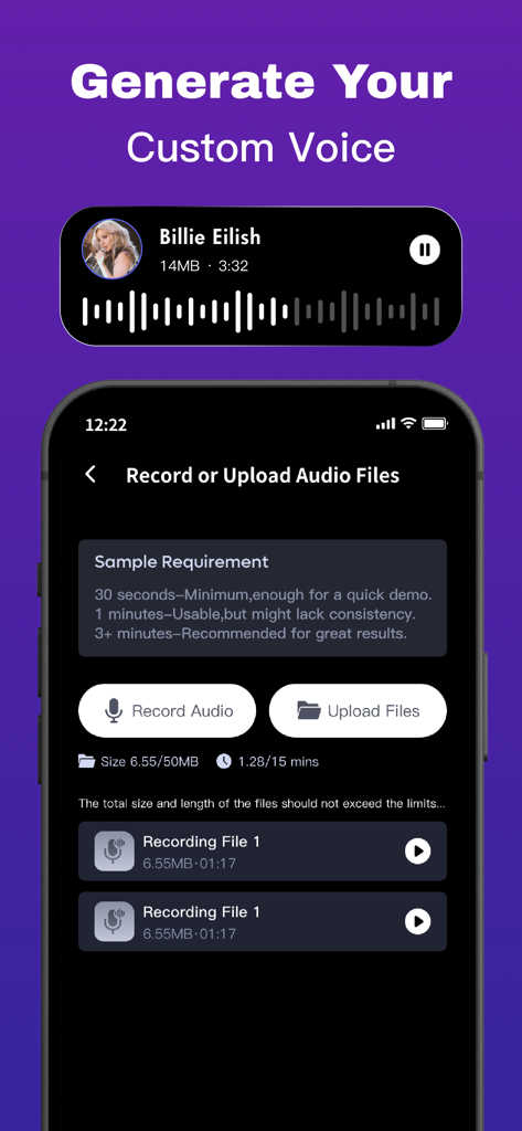 Voicely : Ringtone & AI Voice - Voicely app interface showing options to record or upload audio files for generating a custom AI voice cover