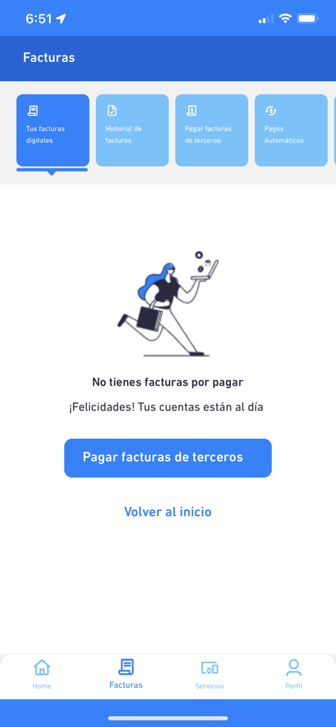 Screenshot of the Mi ETB app showing the billing section with no outstanding payments