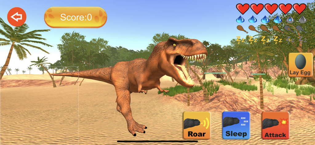 砂漠の環境で咆哮するリアルな3Dティラノサウルス・レックス。ヘルス、ハングリー、咆哮や攻撃などのアクションボタンのゲームプレイアイコンが表示されています。