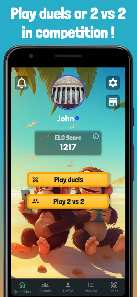 QuizzMax -The Multiplayer Quiz - QuizzMax Startbildschirm mit Optionen für Wettkampf-Duelle und 2 gegen 2 Matches.