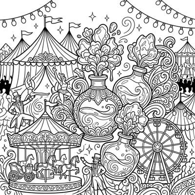 Experience the whimsical fusion of festive carnival fun and sophisticated amber fragrances in this detailed coloring page. Unleash your creativity on a bustling scene packed with delightful elements for all ages.