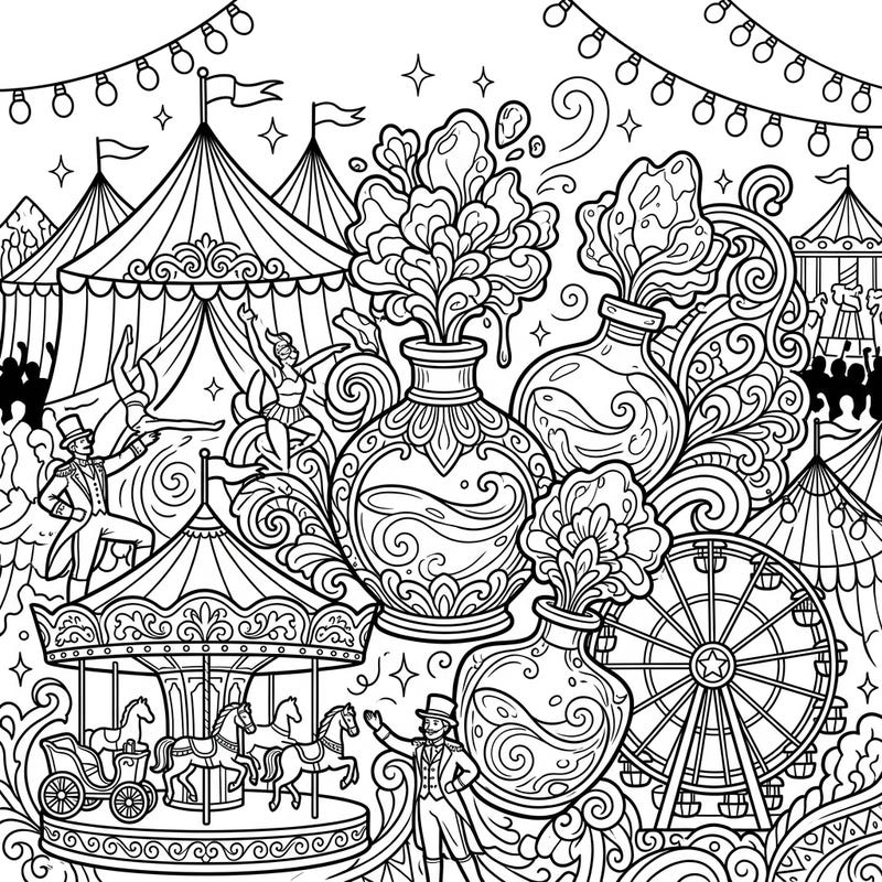 Experience the whimsical fusion of festive carnival fun and sophisticated amber fragrances in this detailed coloring page. Unleash your creativity on a bustling scene packed with delightful elements for all ages.