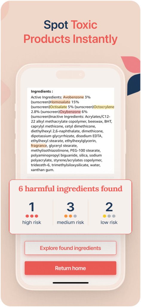 Little Bean app showing the results of an ingredient scan with risk levels for pregnancy safety