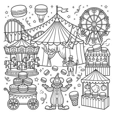 Enter a world where delicious French macarons meet the thrilling atmosphere of a carnival! This unique coloring page brings together circus acts, classic rides, and everyone's favorite sweet treat for a delightful artistic experience.