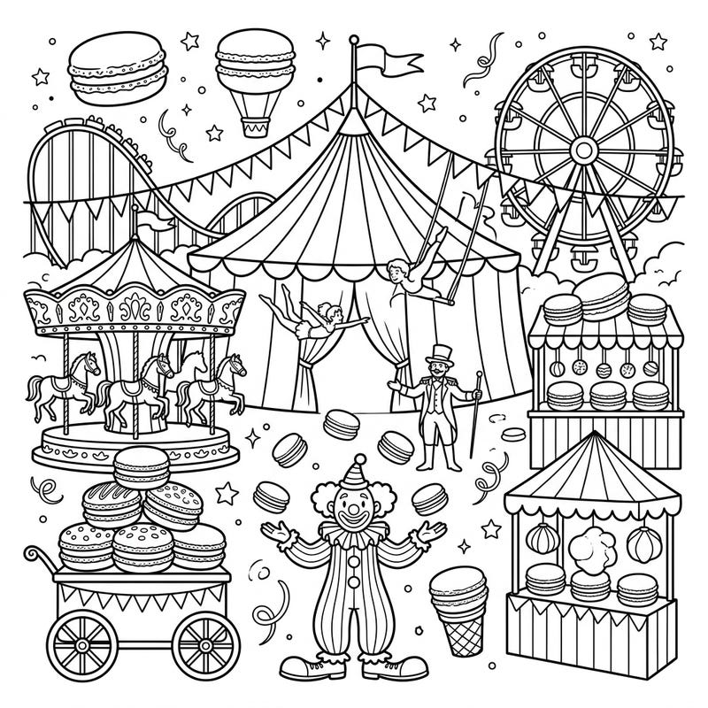 Enter a world where delicious French macarons meet the thrilling atmosphere of a carnival! This unique coloring page brings together circus acts, classic rides, and everyone's favorite sweet treat for a delightful artistic experience.