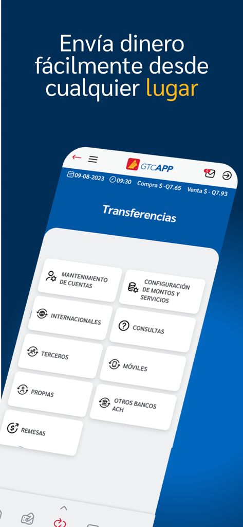 GTCApp - GTCApp mobile screen showing various bank transfer options including international and ACH transfers