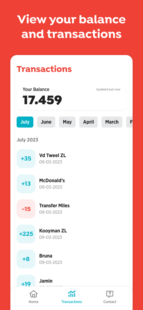 Fun Miles - Captura de pantalla de la pantalla de transacciones de la aplicación Fun Miles que muestra el saldo de la cuenta y el historial de puntos de varios socios.