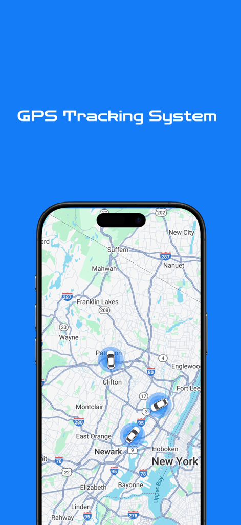 GPS-Tracking Pro - GPS Tracking Pro mobile app interface showing real-time vehicle monitoring on a map around New York and New Jersey.